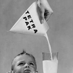 Tetra Pak milk carton advertisement, 1950. The tetrahedron-shaped carton gave the Tetra Pak company its name. Credit: T