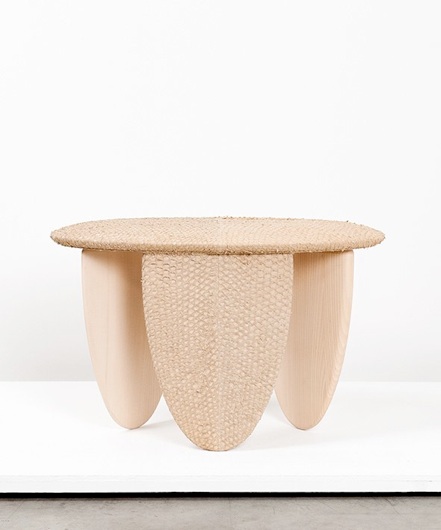 Perch stool: Vegetal tanned perch skin, lime wood, brass label 