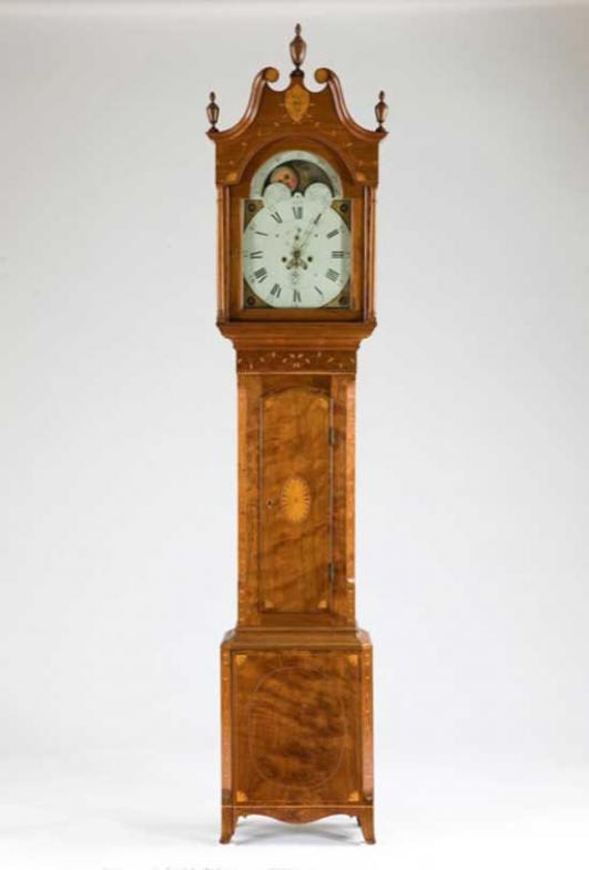 Attributed to William Cock, cabinetmaker, American, b. England, 1776-1856; Tall case clock, c. 1800, walnut with inlay of maple and other light woods, tulip poplar, brass, lead, and painted iron; Carnegie Museum of Art