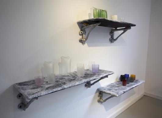 Silo Studio, installation view of NSEPS Shelves, Aluminium Brackets and Glass Carafes and Tumblers (2012), photo © Philip Sayer courtesy of Marsden Woo Gallery