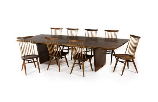Sebastian + Barquet ''Minguren III'' dining table with set of eight ''New'' chairs by George Nakashima in 1976.