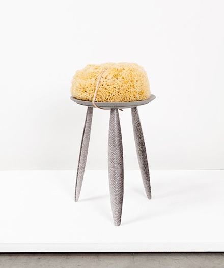 Salmon stool: Fendi discarded leather, vegetal tanned salmon skin, wood, sea sponge 