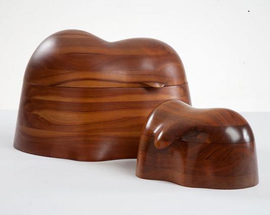 Unique jewelry boxes in stack-laminated walnut. Designed and made by Wendell Castle, Rochester, New York, 1973 and 1975. Signed and dated "WC 73" and "WC 75."
