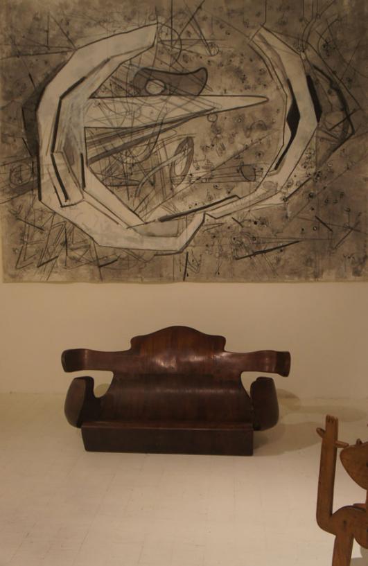 L'ARTE DI NOE' wooden armchair sofa, CERES CERESA ERES LA TIERRA oil on canvas